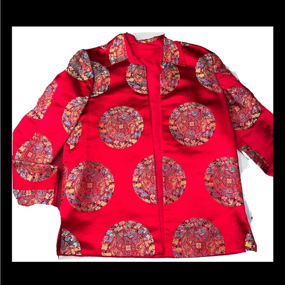 ASIAN RED SILK JACKET Reversible Open Front holiday Asian Symbols gold Blue S M - Picture 1 of 9